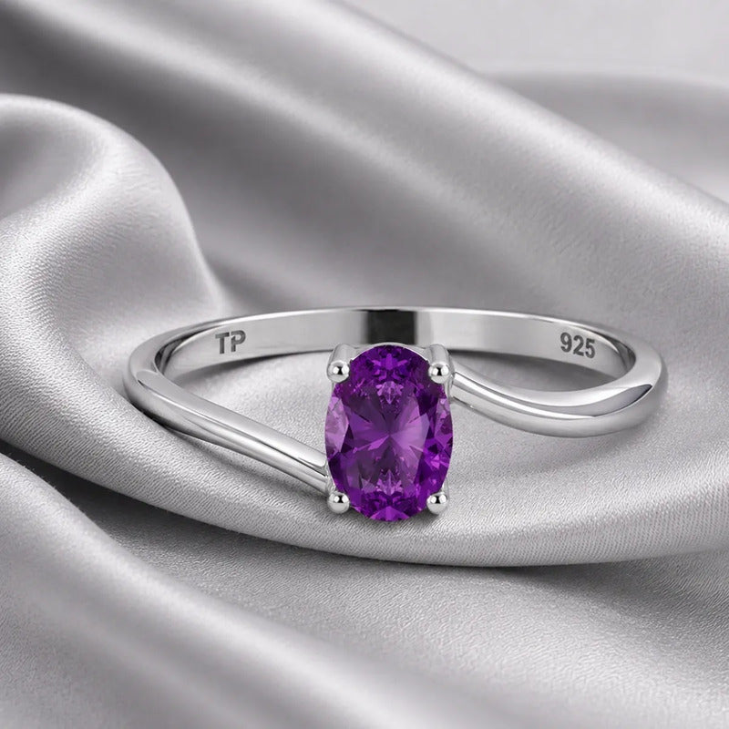 Anel De Prata 925 Solitário Miami Ametista - Feminino