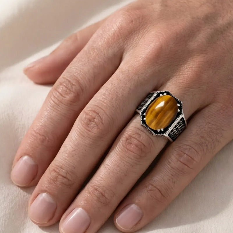 Anel Prata 925 Olho De Tigre Natural Cabochão Exclusivo