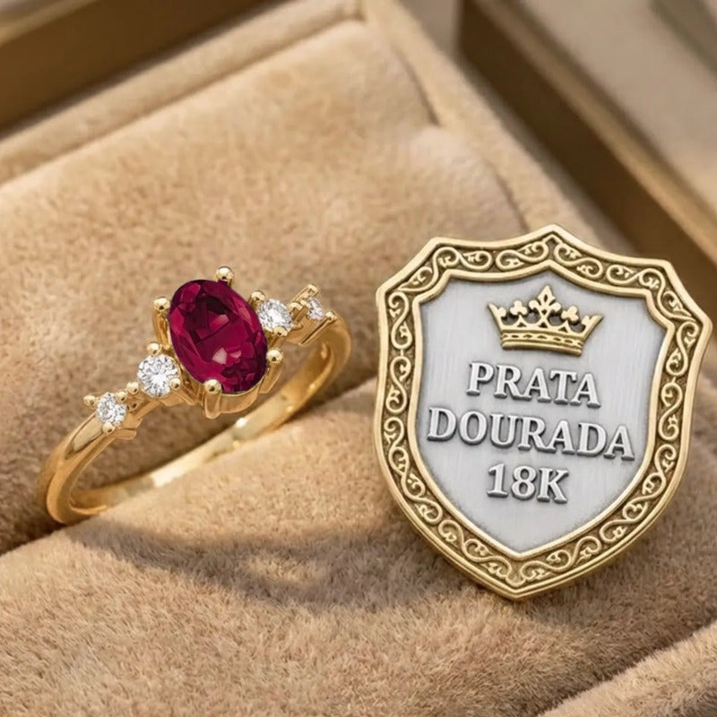 Anel London Prata 925 Dourada 18k - Rubi