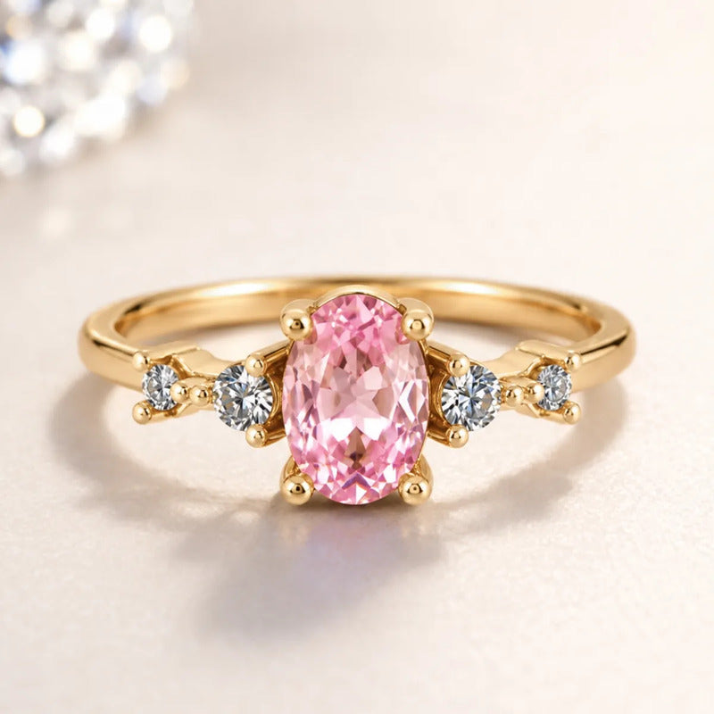 Anel London Prata 925 Dourada Ouro 18k - Safira Rosa 27