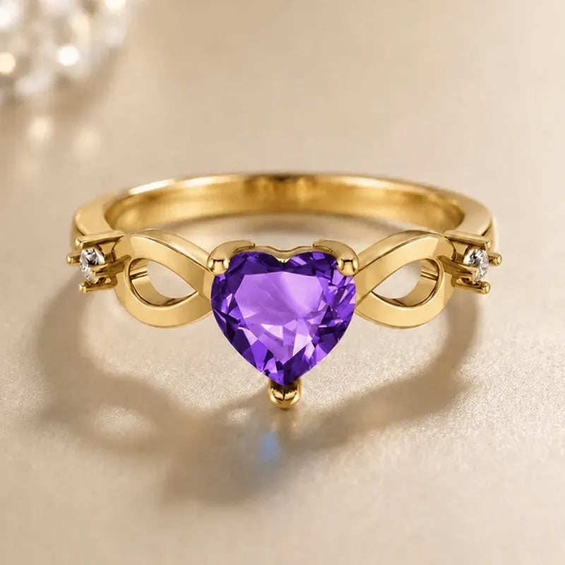 Anel Prata 925 Dourada 18k Infinito Amor Coração Ametista