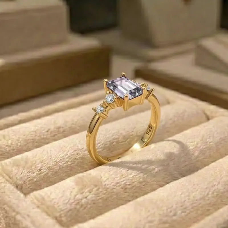 Anel Viena Retangular Prata 925 Dourada 18k - Zircônia