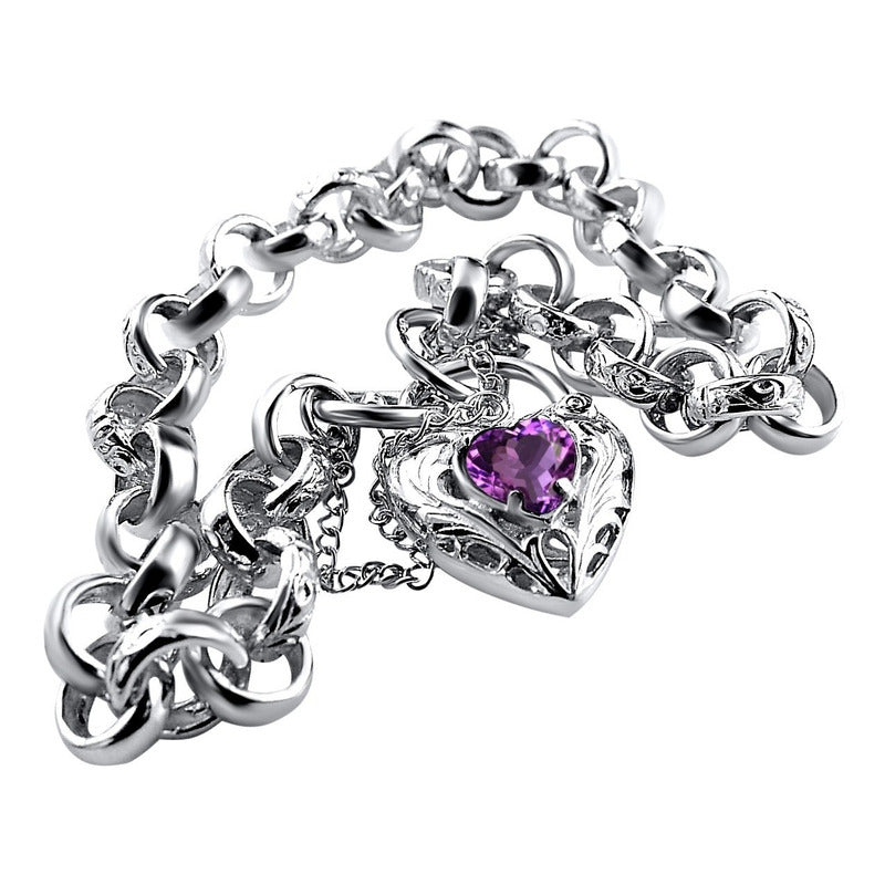 Pulseira Prata 925 Elo Português Ametista - Fecho Coração
