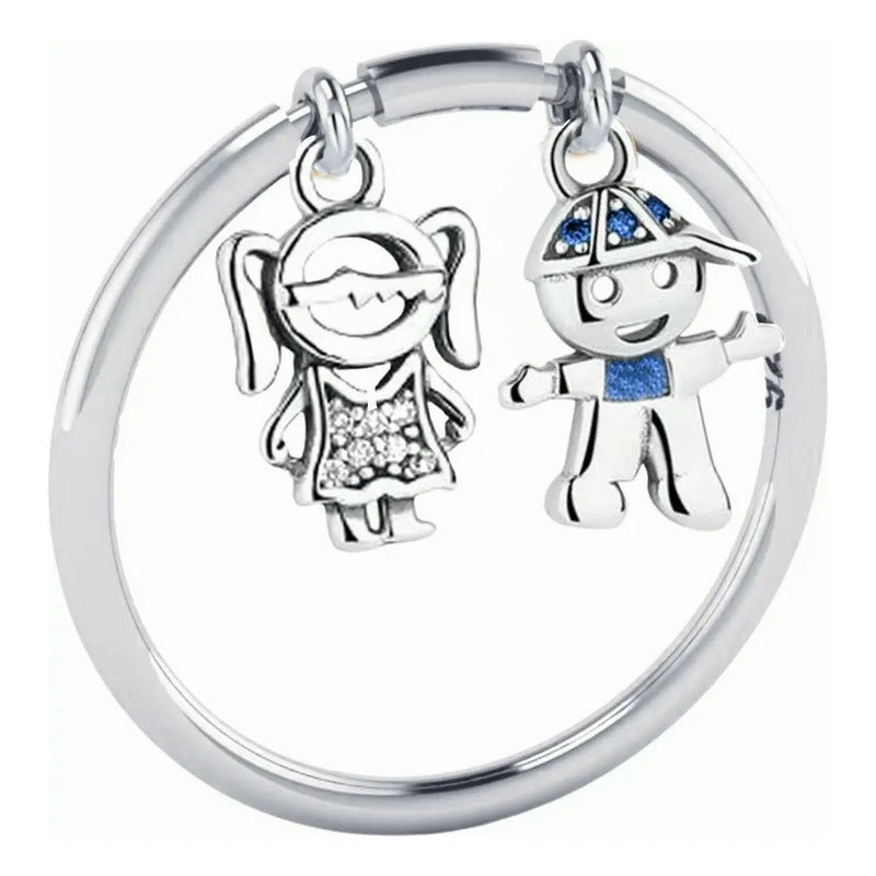 Anel 2 X Pingentes Prata 925 Menino E Menina - Exclusivo