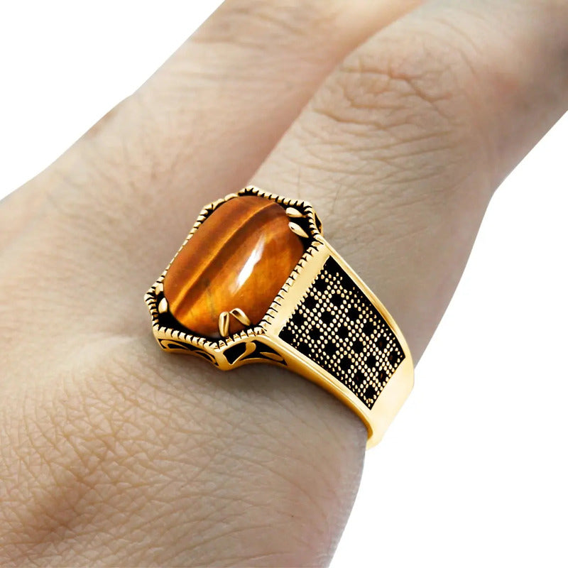 Anel Cabochão Prata 925 Dourada Ouro 18k - Olho De Tigre