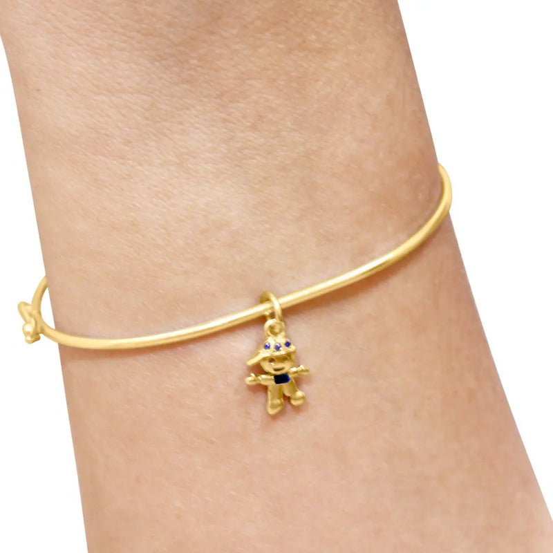 Bracelete Rígido Prata 925 Dourada 18k - Pingente Menino Dourado 19 Cm