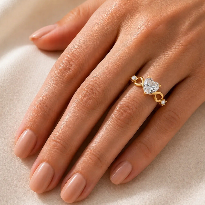 Anel Prata 925 Dourada 18k Infinito Amor Coração - Zircônia
