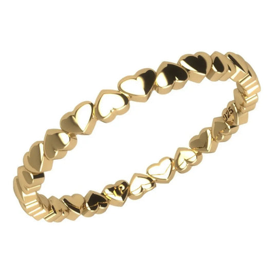 Anel Corações Sólido Prata 925 Dourada 18k - Feminino