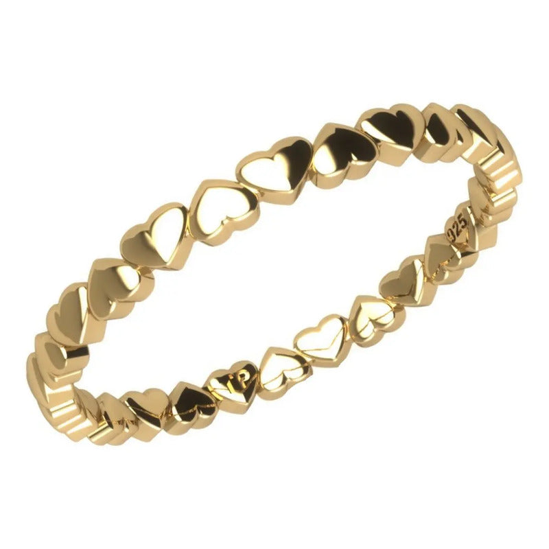 Anel Corações Sólido Prata 925 Dourada 18k - Feminino