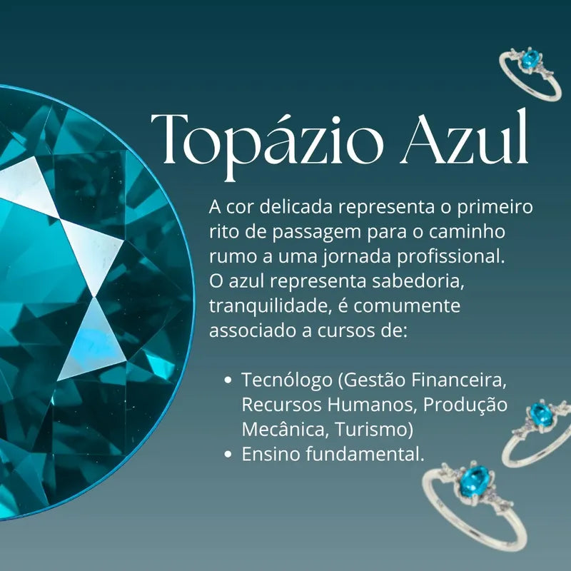 Anel Formatura Feminino Prata 925 + Caixinha Capelo Topázio Azul 29