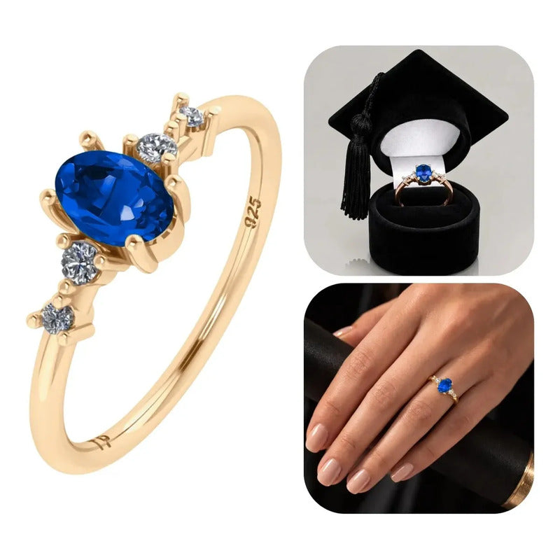 Anel Formatura Feminino Prata 925 Dourada 18k + Capelo Safira 16-17