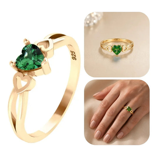 Anel Eterno Coração Prata 925 Dourada Ouro18k Esmeralda