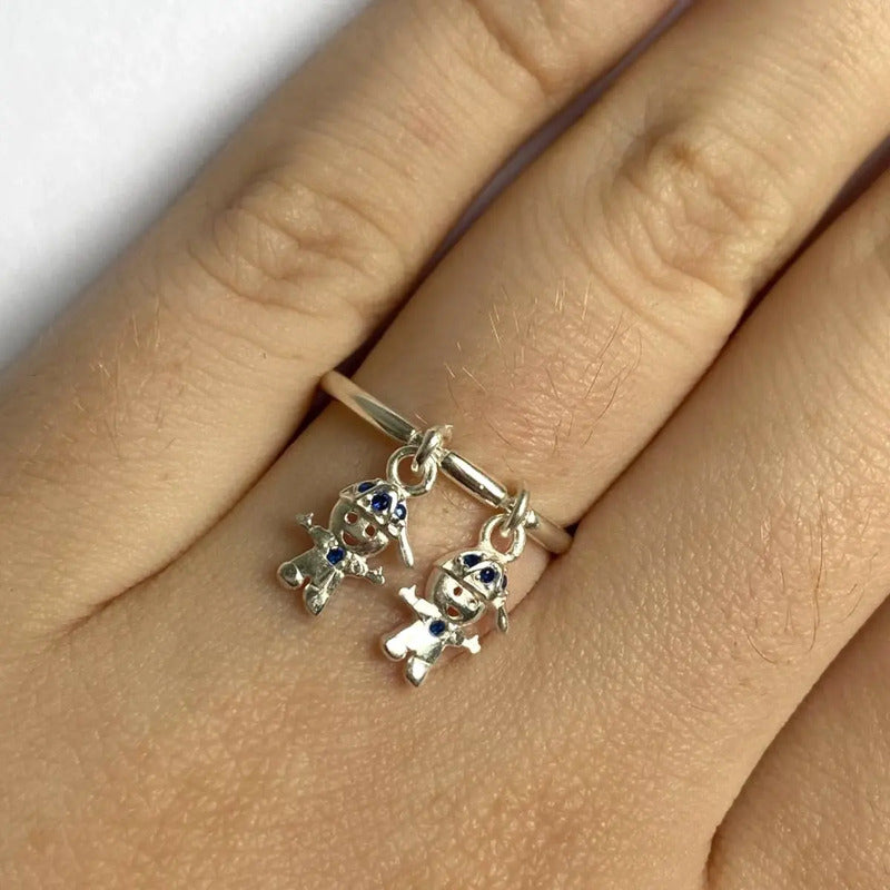 Anillo de plata 925 con colgantes exclusivos para la familia: 2 niños