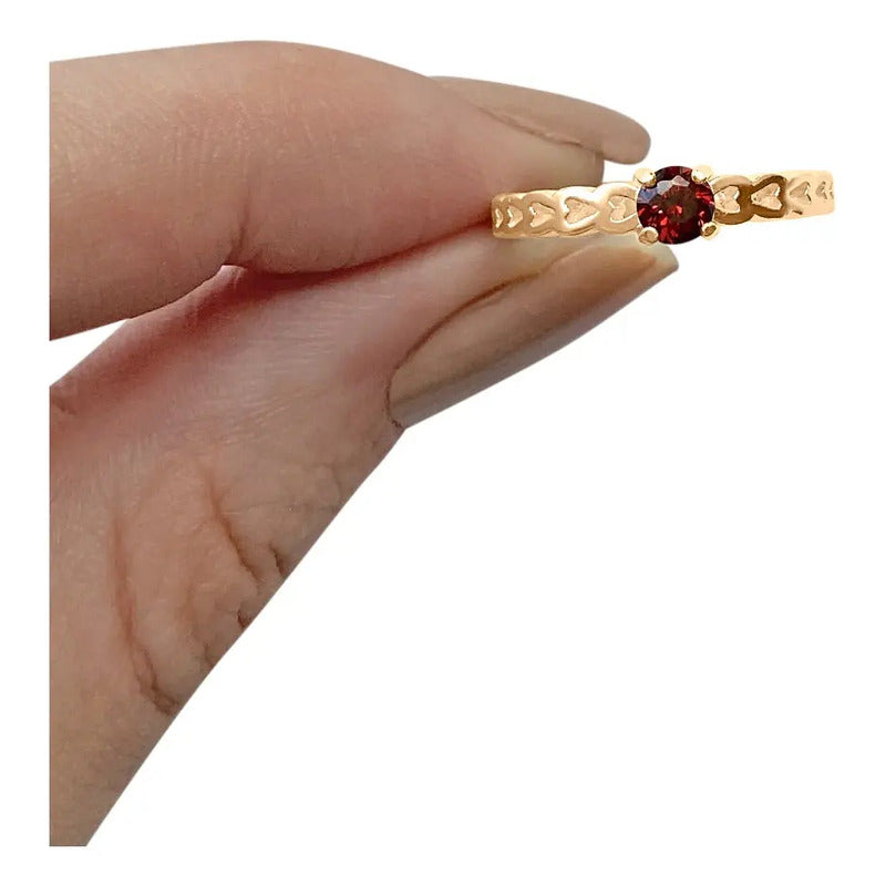 Anel Luxo Corações Prata 925 Dourada Ouro 18k - Granada