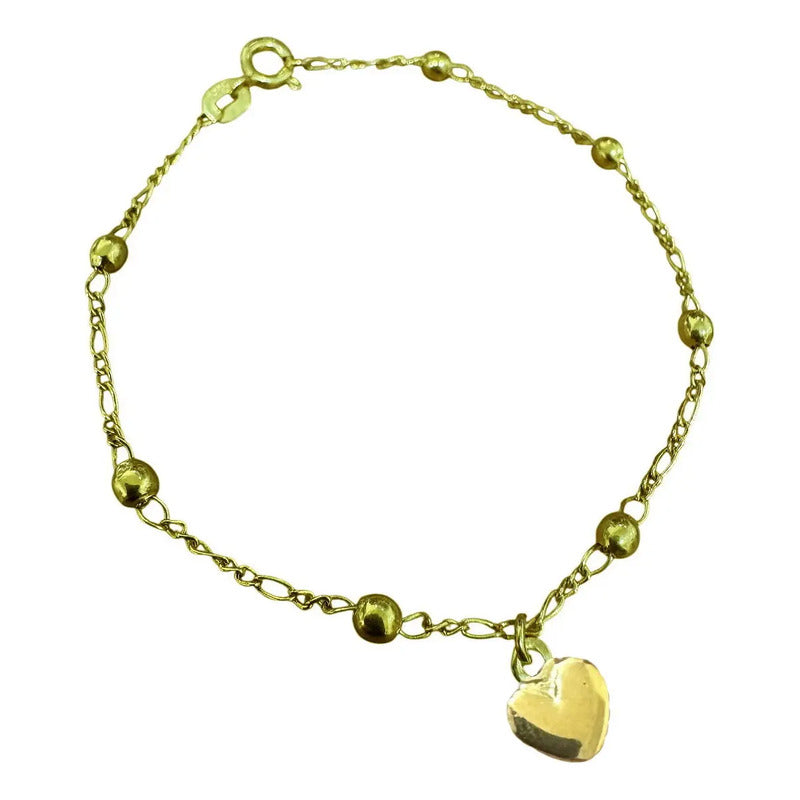 Pulseira Prata 925 Dourada 18k Bolinha 3mm- Pingente Coração Dourado 18 Cm