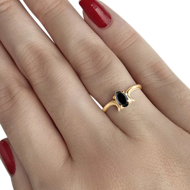 Anel Roma Solitário Prata 925 Dourada Ouro 18k- Black Onix
