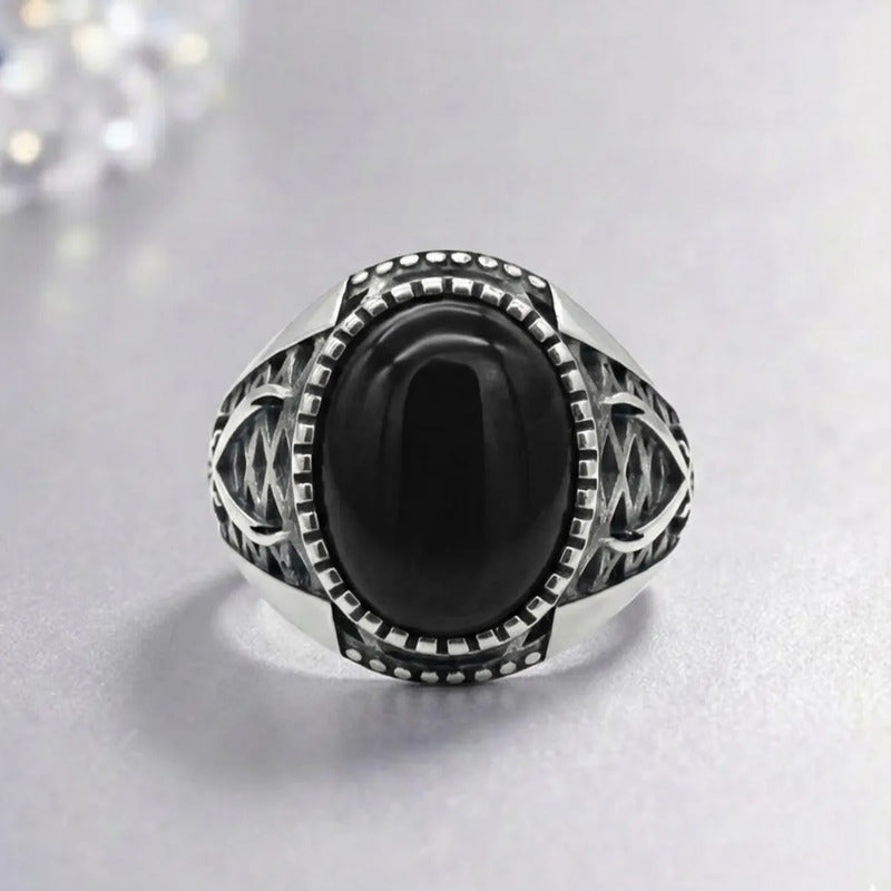 Anel Masculino De Prata 925 Oval Black Onix - Exclusivo