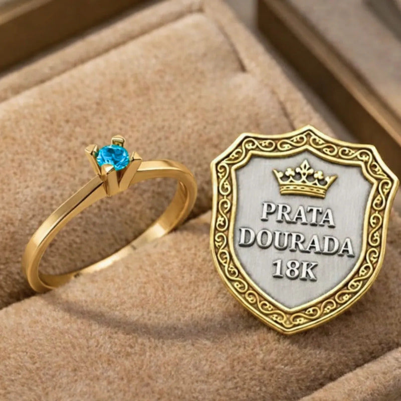 Anel Solitário Prata 925 Dourada 18k - Topázio Azul