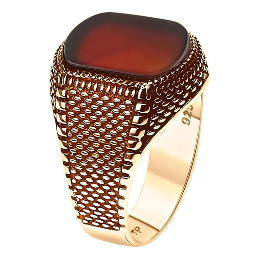 Anel Masculino Ágata Vermelha Ouro 18k Vermeil Prata 925 Tamanho 20