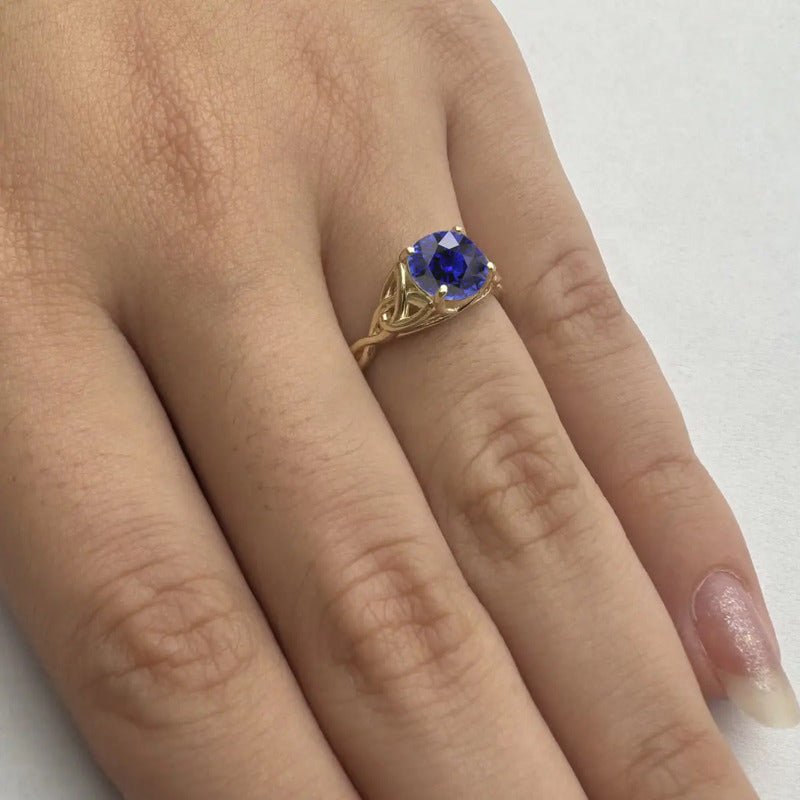 Anel Prata 925 Dourada 18k Celta Knot Trinity - Safira Azul