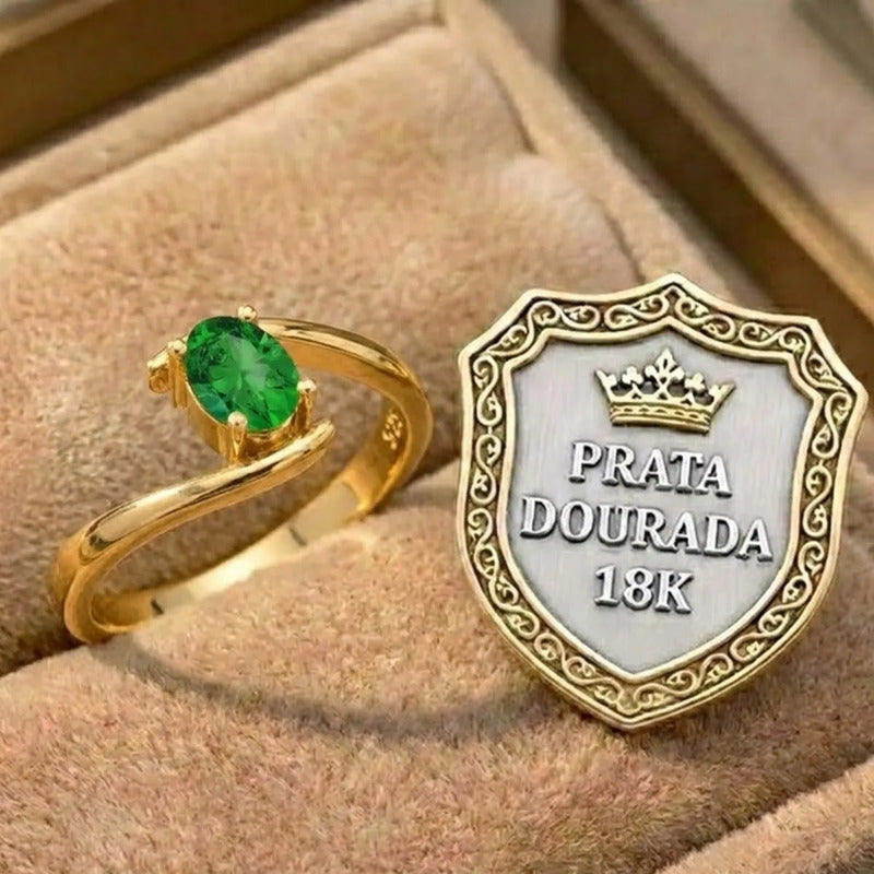 Anel Miami Prata 925 Dourada Ouro 18k - Esmeralda
