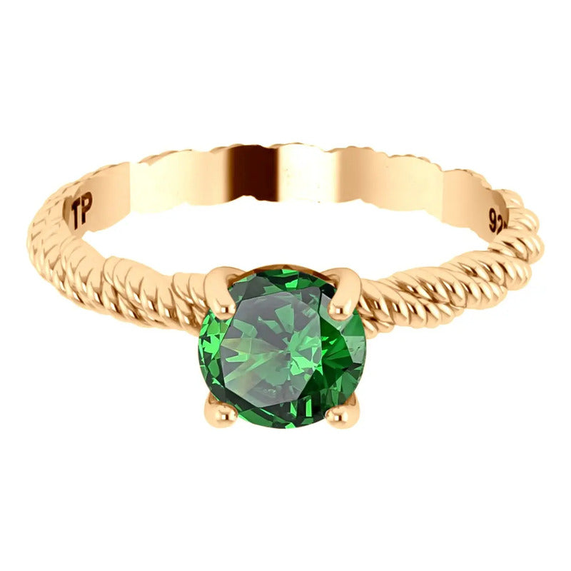 Anel Solitário Torcido Esmeralda Prata 925 Dourada Ouro 18k