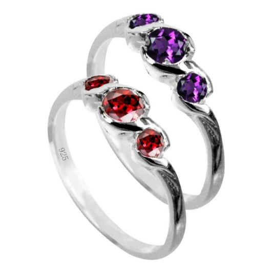 Kit de 2 anillos de plata 925 con 3 piedras: amatista y granate.