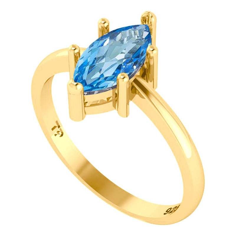 Anel Navete Prata 925 Dourada Ouro 18k - Topázio Azul