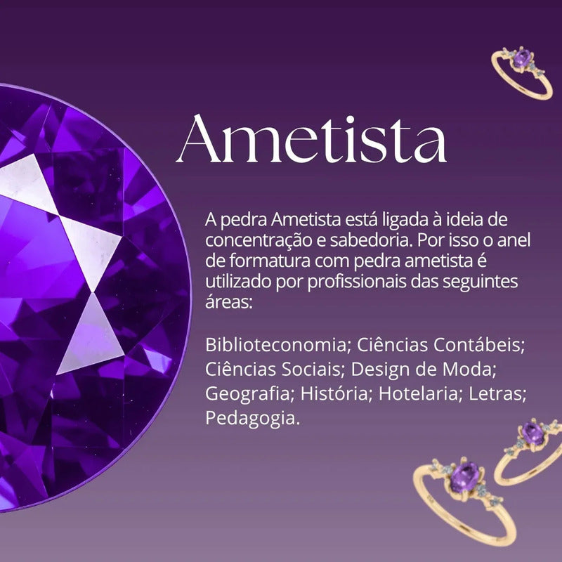 Anel Formatura Feminino Prata 925 Dourada 18k + Capelo Ametista 26-27