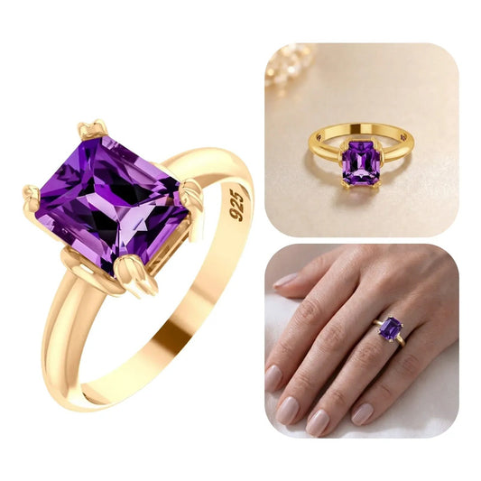 Anel Vintage Ametista Prata 925 Dourada 18k Feminino