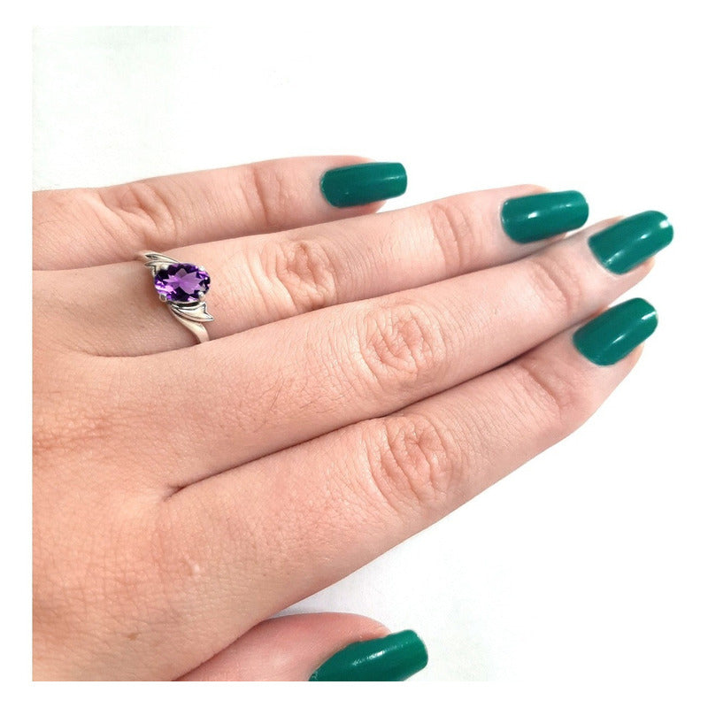 Anel Wings Pedra Roxa Oval Prata 925 - Exclusivo Tamanho 24