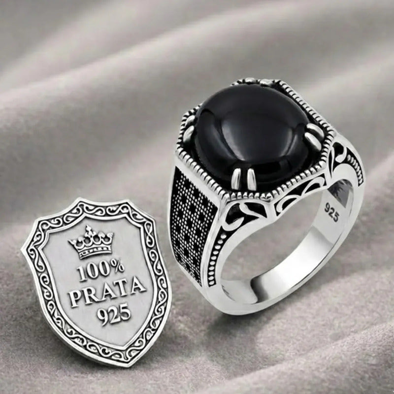 Anel Prata 925 Black Ônix Natural Cabochão Exclusivo
