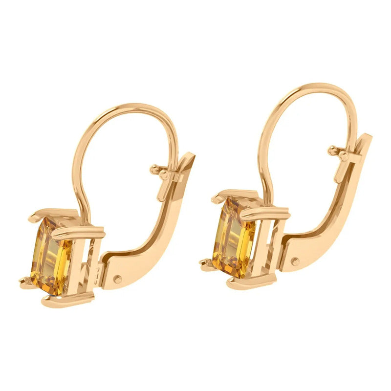 Brinco Trava Retangular Prata 925 Dourada Ouro 18k Citrino Amarelo