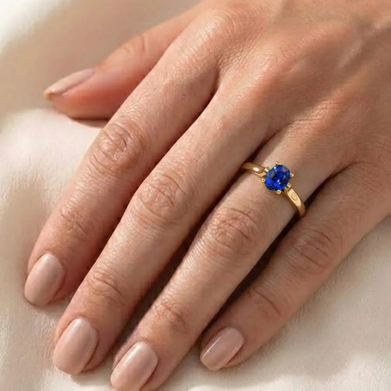 Anel Solitário Oval Em Prata 925 Dourada 18k - Safira