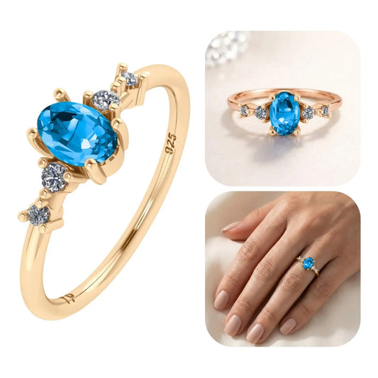 Anel London De Prata 925 Dourada Ouro 18k - Topázio Azul