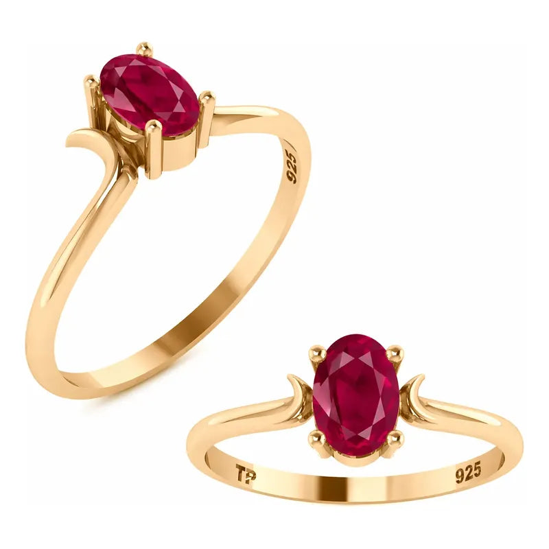 Anel Roma Solitário Prata 925 Dourada Ouro 18k - Rubi