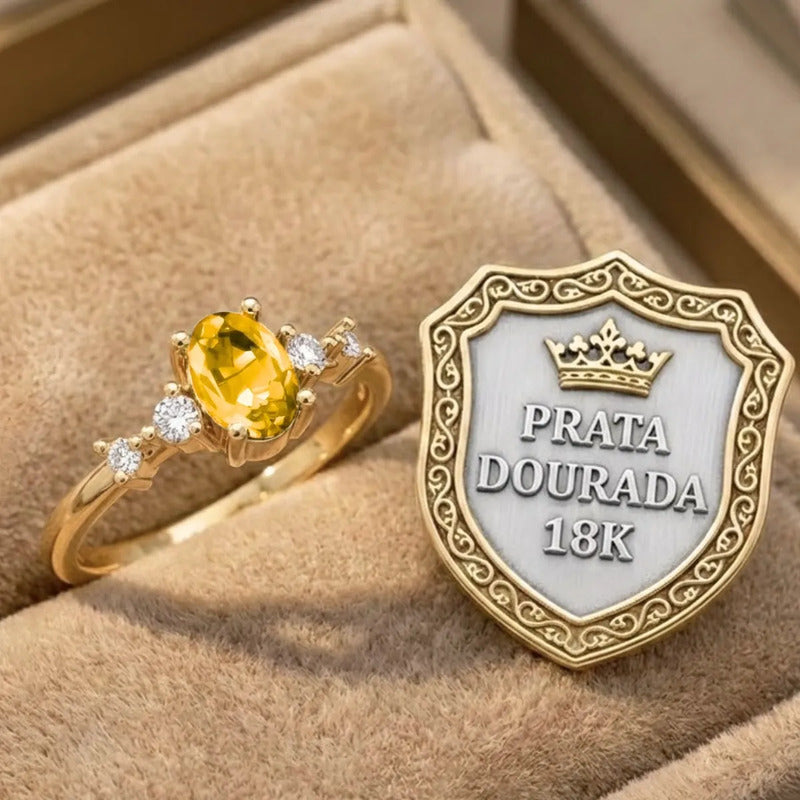 Anel London De Prata 925 Dourada Ouro 18k - Citrino