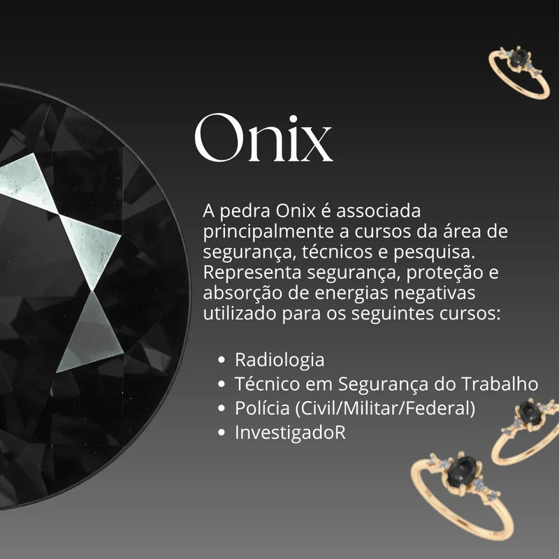 Anel Formatura Feminino Prata 925 Dourada 18k + Capelo Onix 16-17