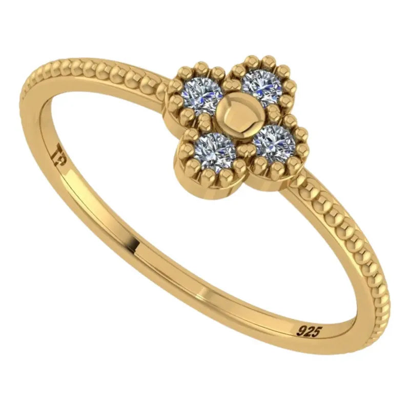 Anel Prata 925 Dourada 18k Flor Com 4 Zircônias - Exclusivo