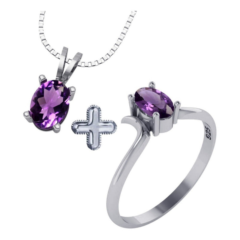 Kit de anillo y collar de amatista Roma en plata 925 - Exclusivo