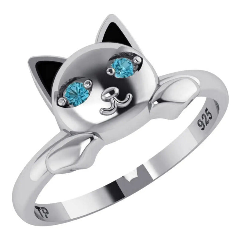 Anel Gatinho Olhos Coloridos Pura Prata 925 - Exclusivo