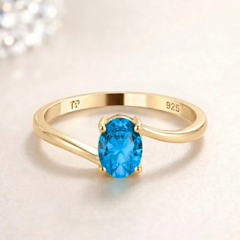 Anel Miami Prata 925 Dourada Ouro 18k - Topázio Azul