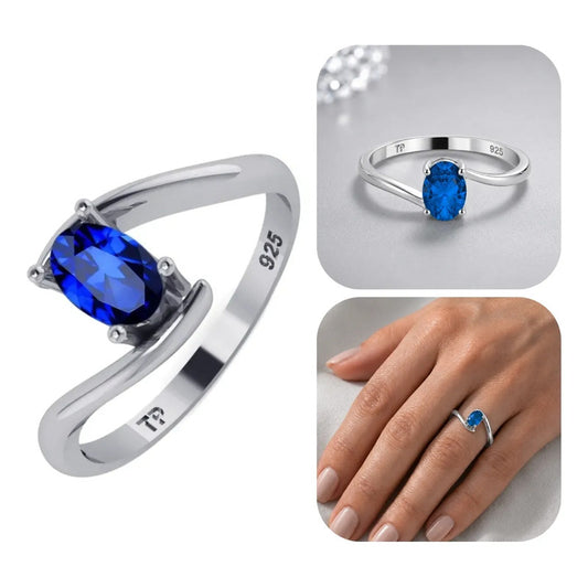 Anel De Prata 925 Solitário  Miami Safira - Feminino
