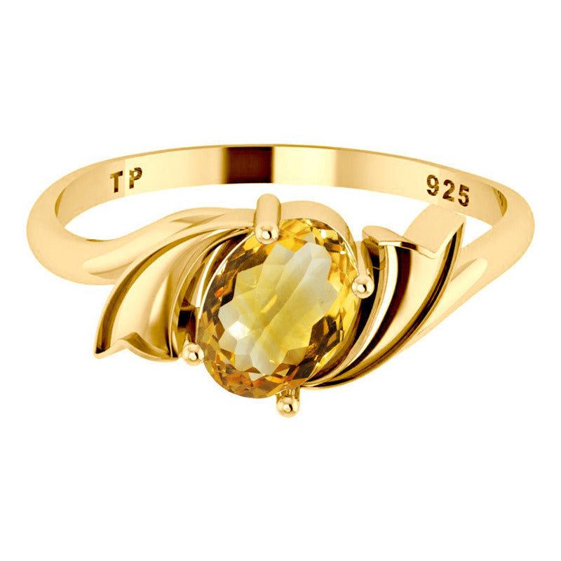 Anel Wings Prata 925 Dourada Ouro 18k - Citrino Oval