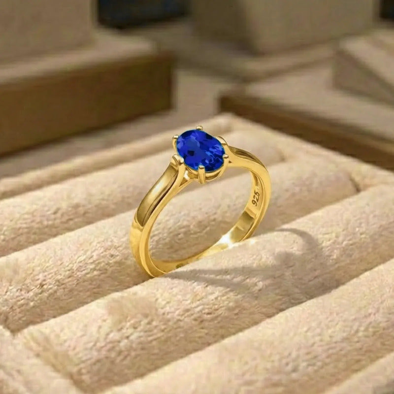 Anel Solitário Oval Em Prata 925 Dourada 18k - Safira