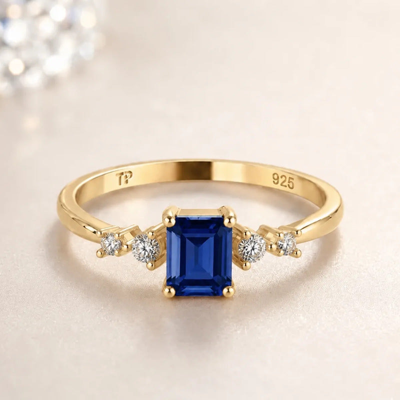 Anel Viena Retangular Prata 925 Dourada 18k - Safira