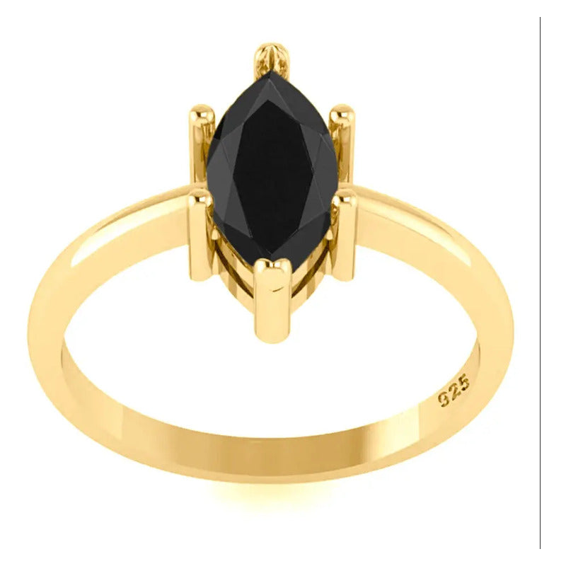 Anel Navete Prata 925 Dourada Ouro 18k - Black Ônix