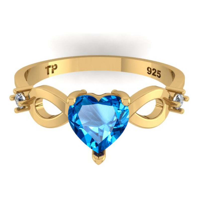 Anel Prata 925 Dourada 18k Infinito Amor Coração - Topázio
