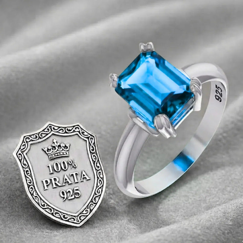 Anel Azul Topázio Pura Prata 925 Vintage - Exclusivo