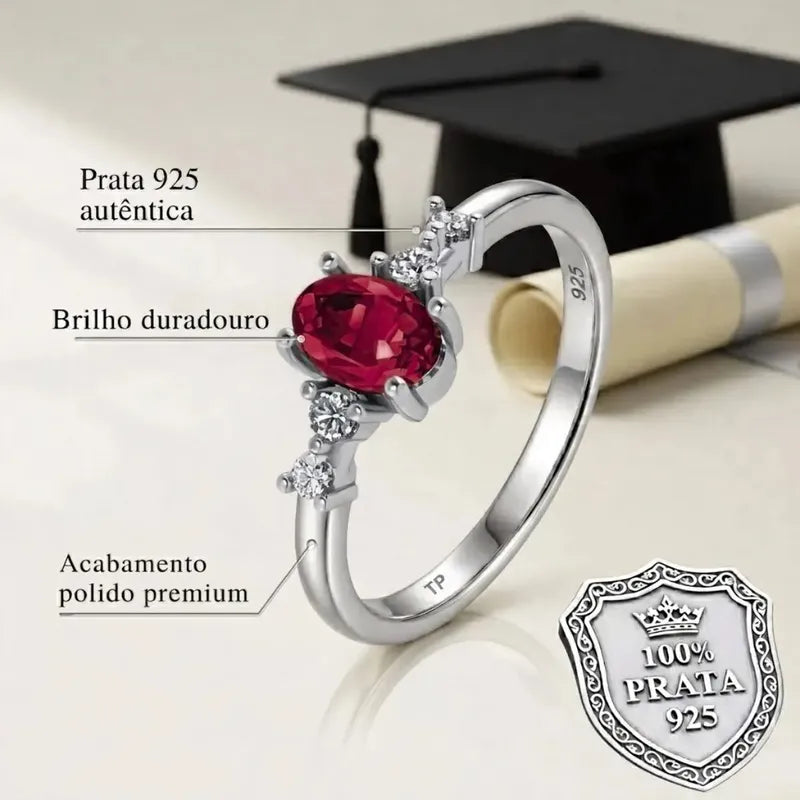 Anel Formatura Feminino Prata 925 + Caixinha Capelo Rubi 26
